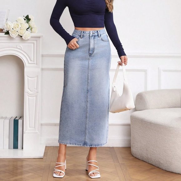 Blue Casual Womens High Waist Split Back Straight Denim Skirt - Picture 1 of 5